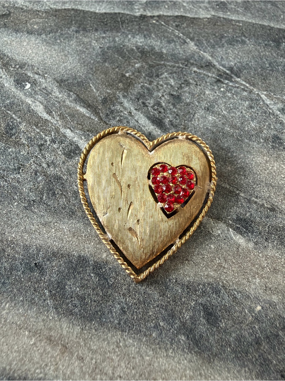 Vintage Jonette Jewelry “JJ” Signed Heart in Heart Red Rhinestone Brooch